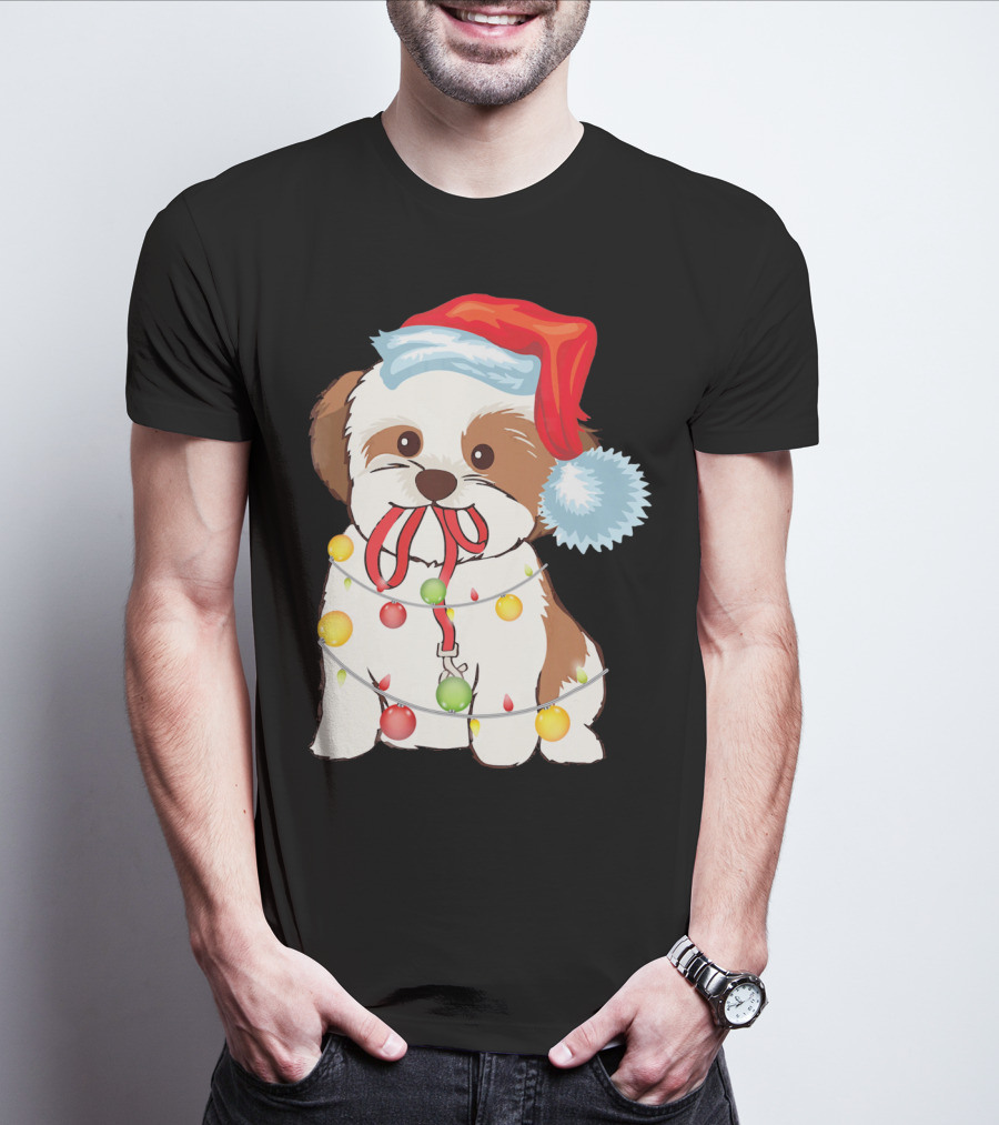 Christmas Lights Shih Tzu With Santa Hat And Festive Ornaments T-Shirt