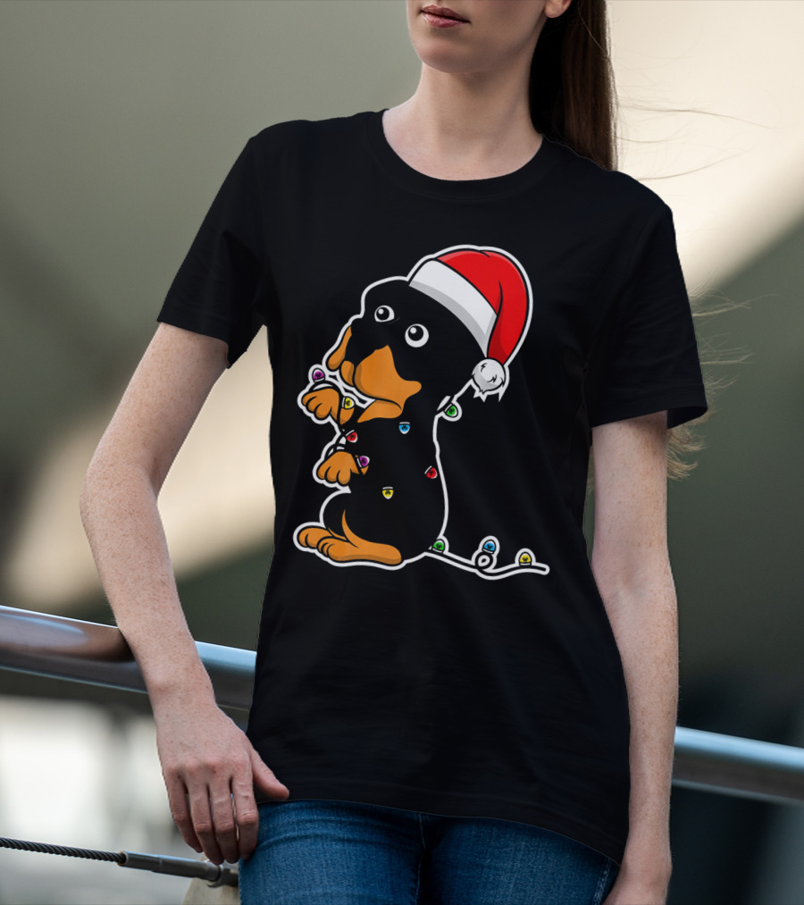 Christmas Rottweiler Puppy Santa Hat Lights T-Shirt