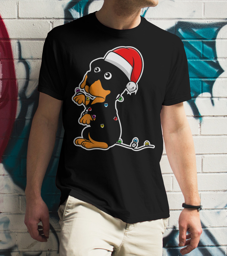 Christmas Rottweiler Puppy Santa Hat Lights T-Shirt