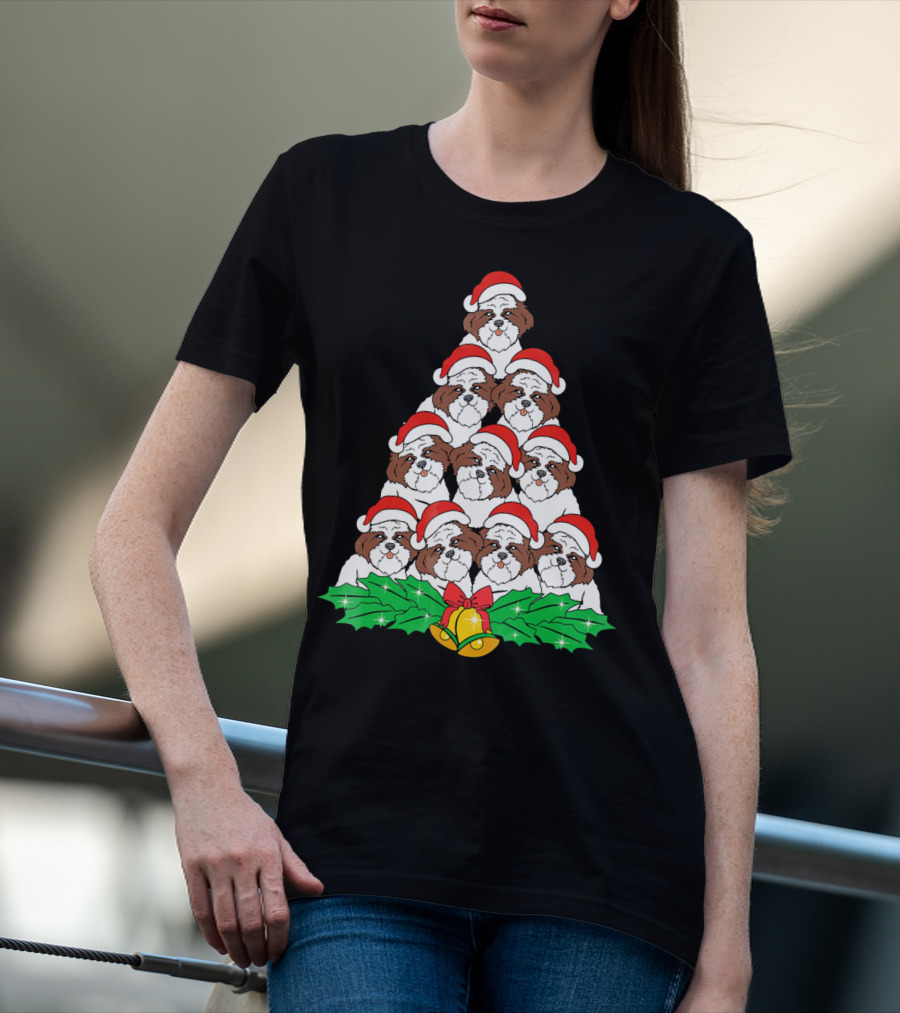 Christmas Shih Tzu Santa Hats Tree With Holly And Bells T-Shirt