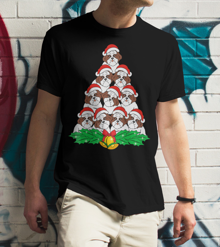 Christmas Shih Tzu Santa Hats Tree With Holly And Bells T-Shirt
