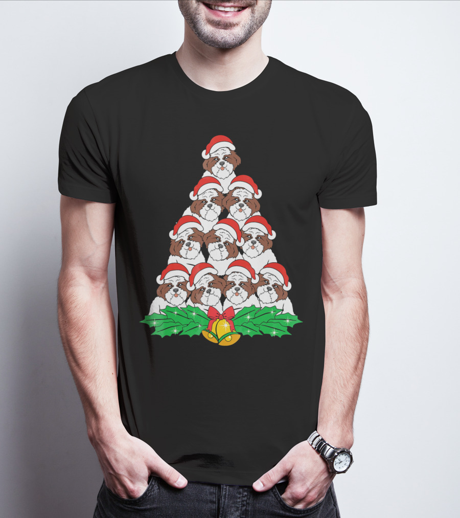 Christmas Shih Tzu Santa Hats Tree With Holly And Bells T-Shirt