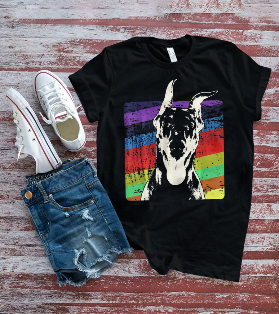 Classic Vintage Doberman Pinscher Rainbow Stripes Retro T-Shirt