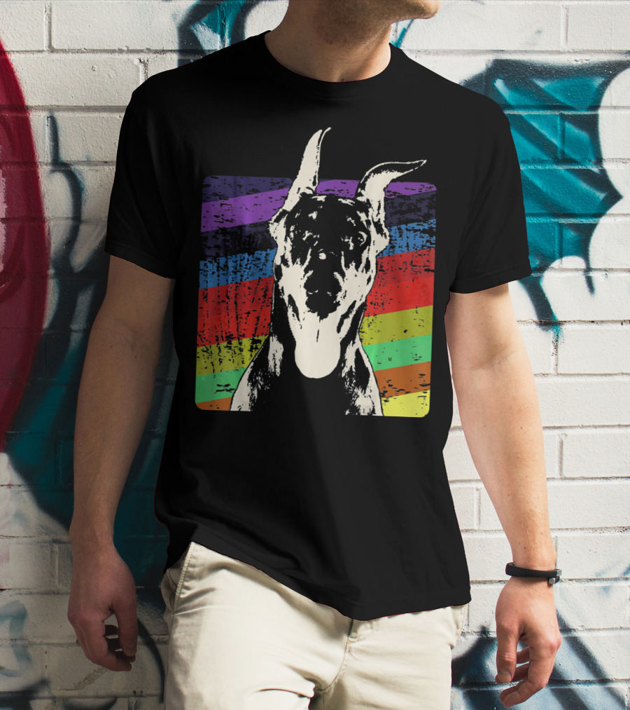 Classic Vintage Doberman Pinscher Rainbow Stripes Retro T-Shirt