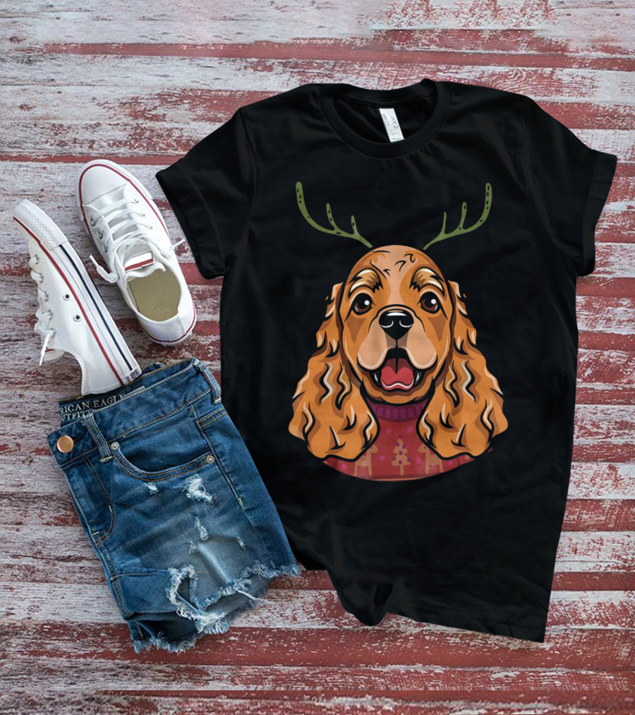 Cocker Spaniel Dog With Reindeer Antlers And Holiday T-Shirt