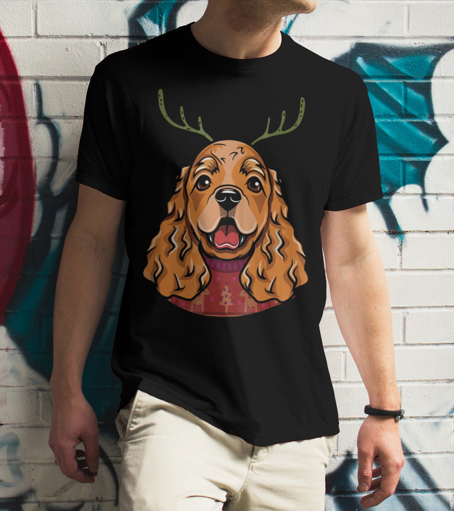 Cocker Spaniel Dog With Reindeer Antlers And Holiday T-Shirt