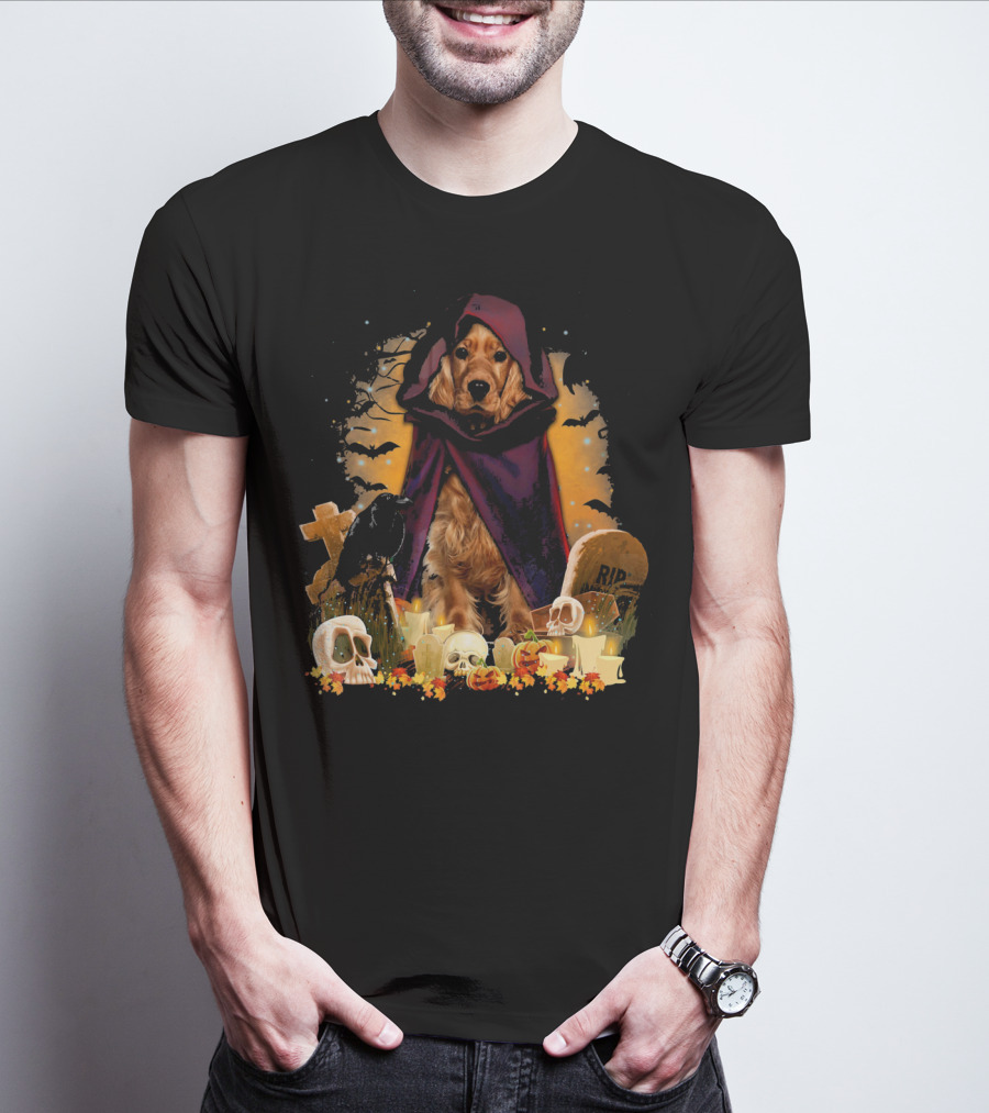 Cocker Spaniel Halloween Hooded Dog With Skulls And Tombstones T-Shirt