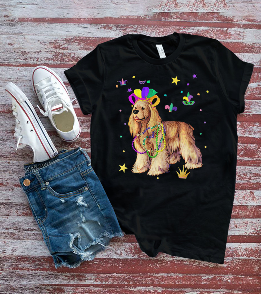 Cocker Spaniel Dog Mardi Gras Party Celebration Beads And Mask T-Shirt