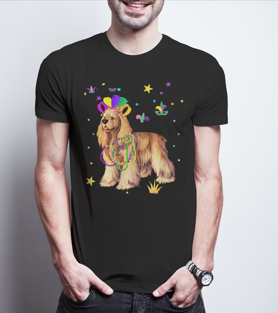 Cocker Spaniel Dog Mardi Gras Party Celebration Beads And Mask T-Shirt