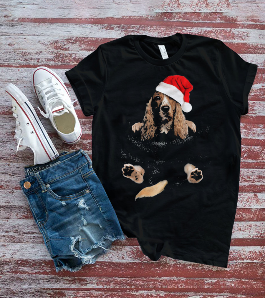 Cocker Spaniel Christmas Santa Hat In Pocket T-Shirt