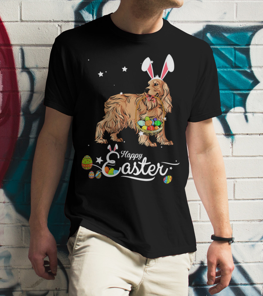 Cocker Spaniel With Bunny Hat Holding Easter Egg Basket Happy Easter T-Shirt