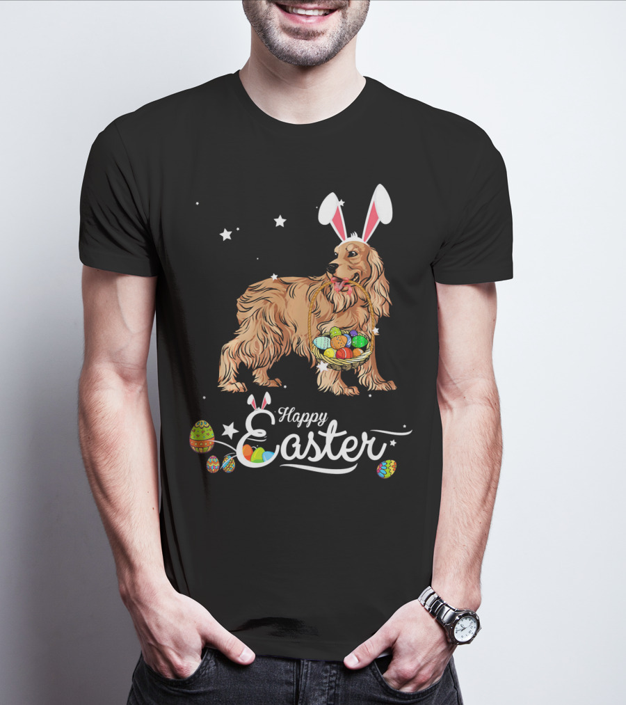 Cocker Spaniel With Bunny Hat Holding Easter Egg Basket Happy Easter T-Shirt