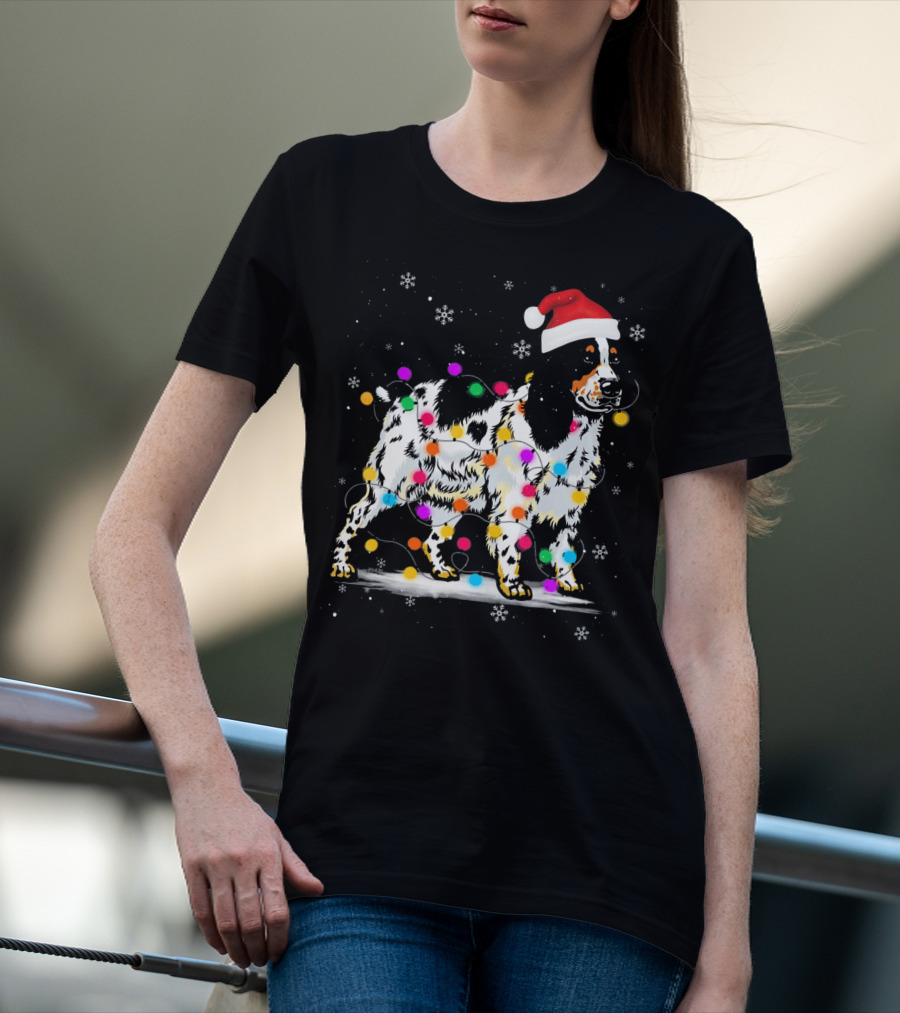 Cocker Spaniel Dog With Christmas Lights Santa Hat Snowflakes T-Shirt