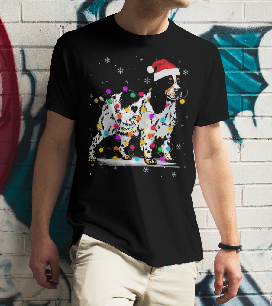 Cocker Spaniel Dog With Christmas Lights Santa Hat Snowflakes T-Shirt