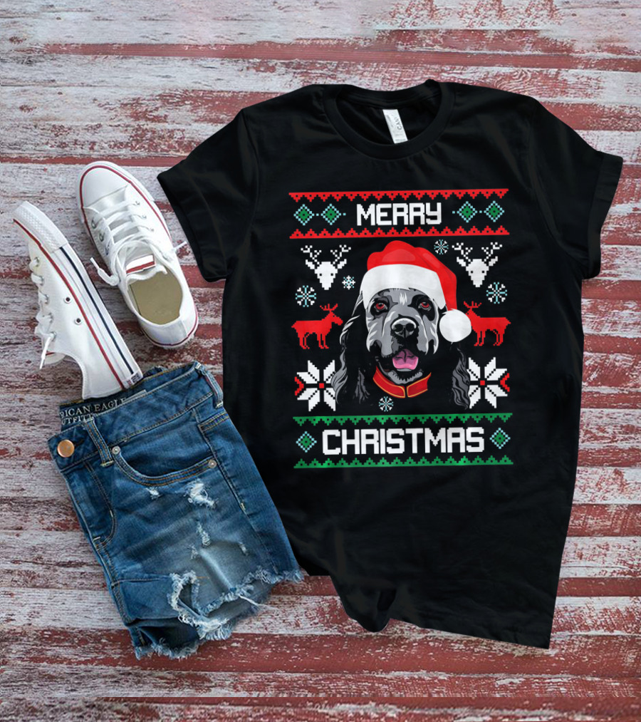 Merry Christmas Cocker Spaniel Dog Santa Hat Retro Holiday T-Shirt