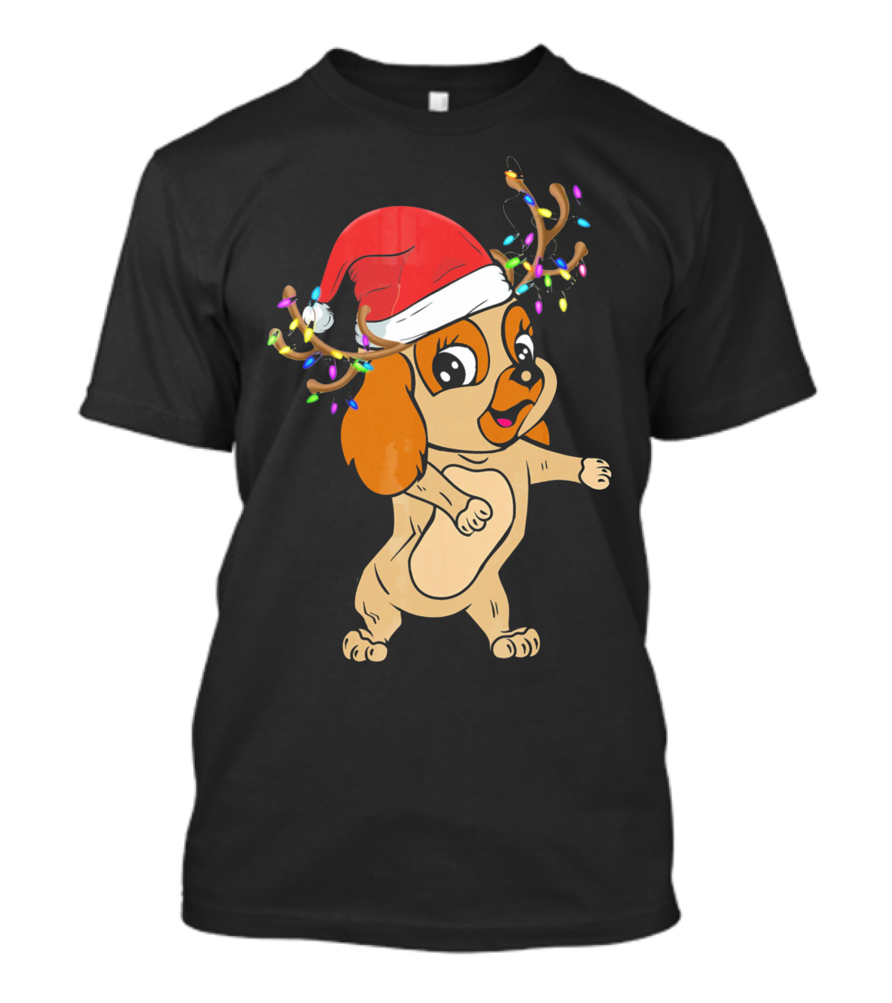 Cocker Spaniel Reindeer Christmas Funny Dog With Santa Hat And Festive Antlers T-Shirt