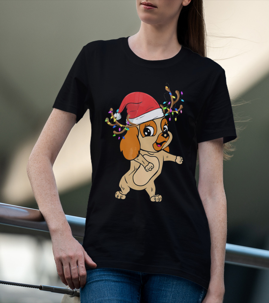 Cocker Spaniel Reindeer Christmas Funny Dog With Santa Hat And Festive Antlers T-Shirt