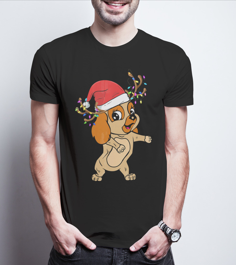Cocker Spaniel Reindeer Christmas Funny Dog With Santa Hat And Festive Antlers T-Shirt