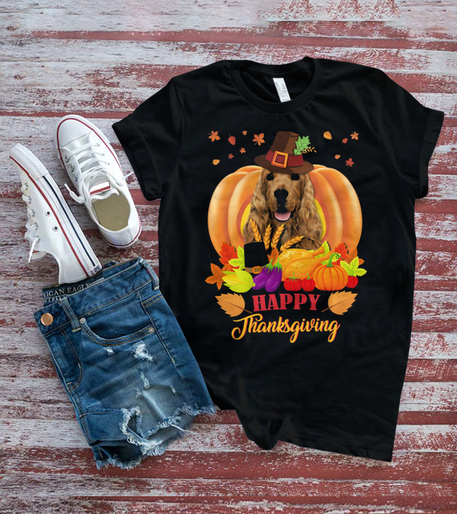 Happy Thanksgiving Cocker Spaniel With Pumpkins And Autumn Harvest T-Shirt
