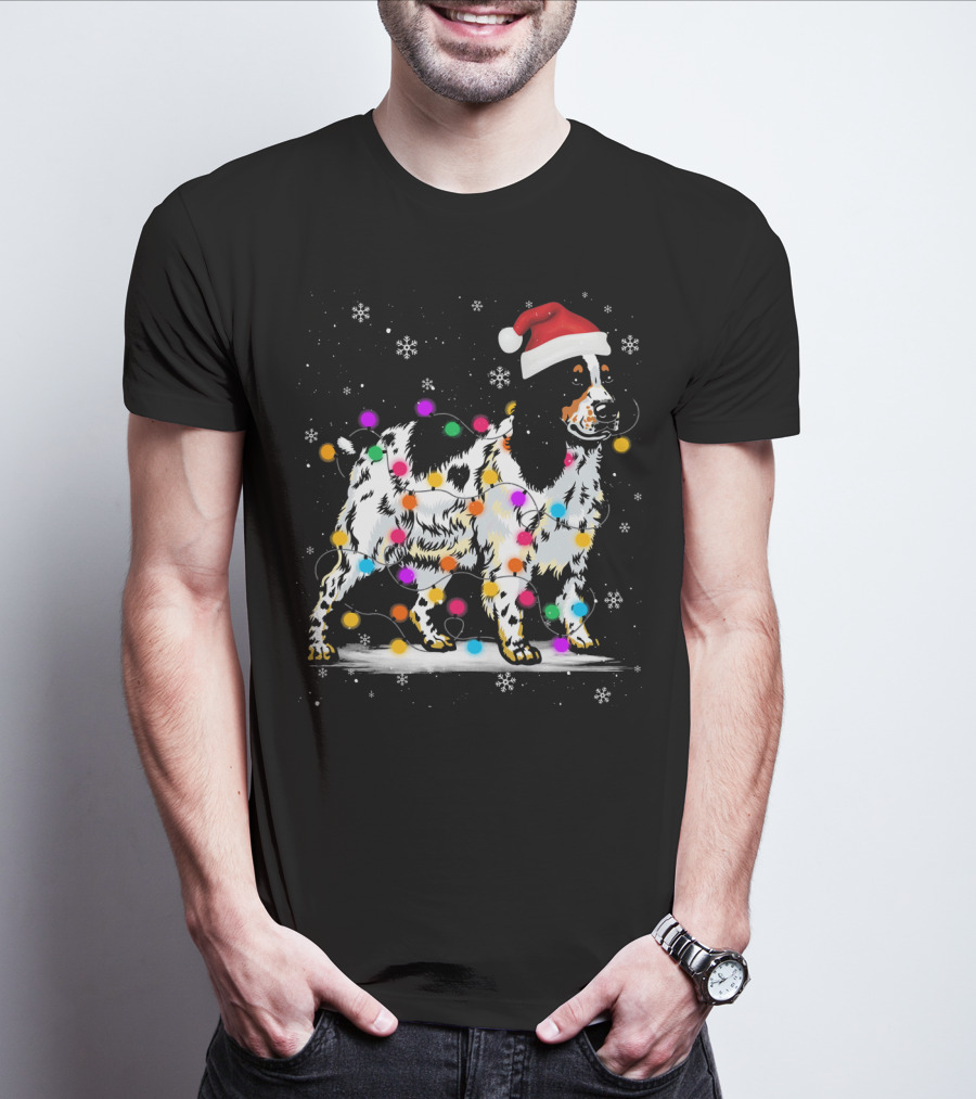 Cocker Spaniel Santa Hat Christmas Lights Snowflakes T-Shirt