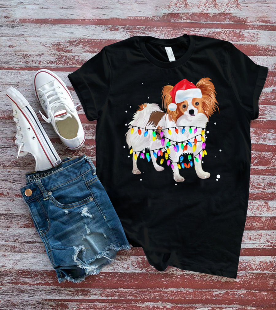 Papillon Dog Wrapped In Christmas Lights Wearing Santa Hat T-Shirt