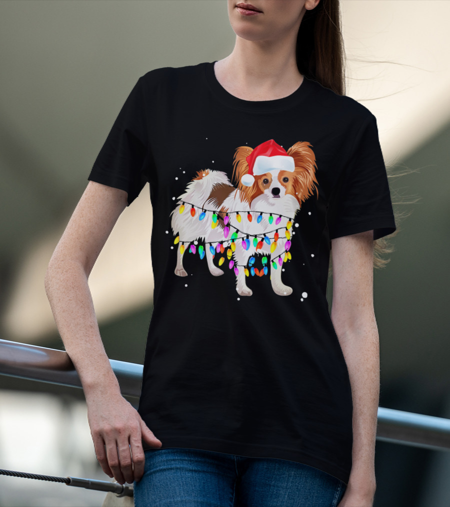 Papillon Dog Wrapped In Christmas Lights Wearing Santa Hat T-Shirt