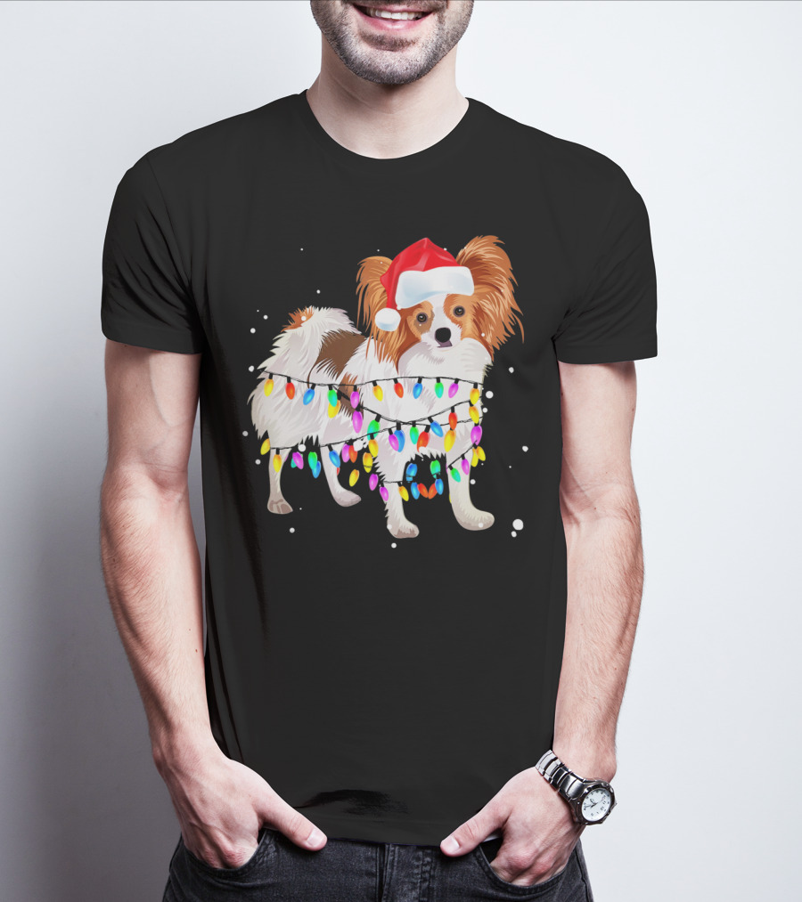 Papillon Dog Wrapped In Christmas Lights Wearing Santa Hat T-Shirt
