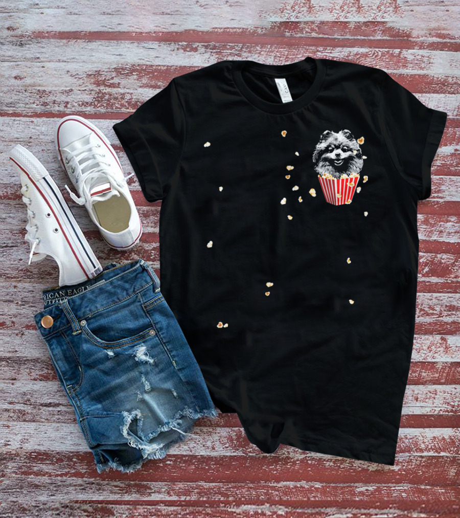 Smiling Pomeranian In Popcorn Box With Popping Kernels T-Shirt