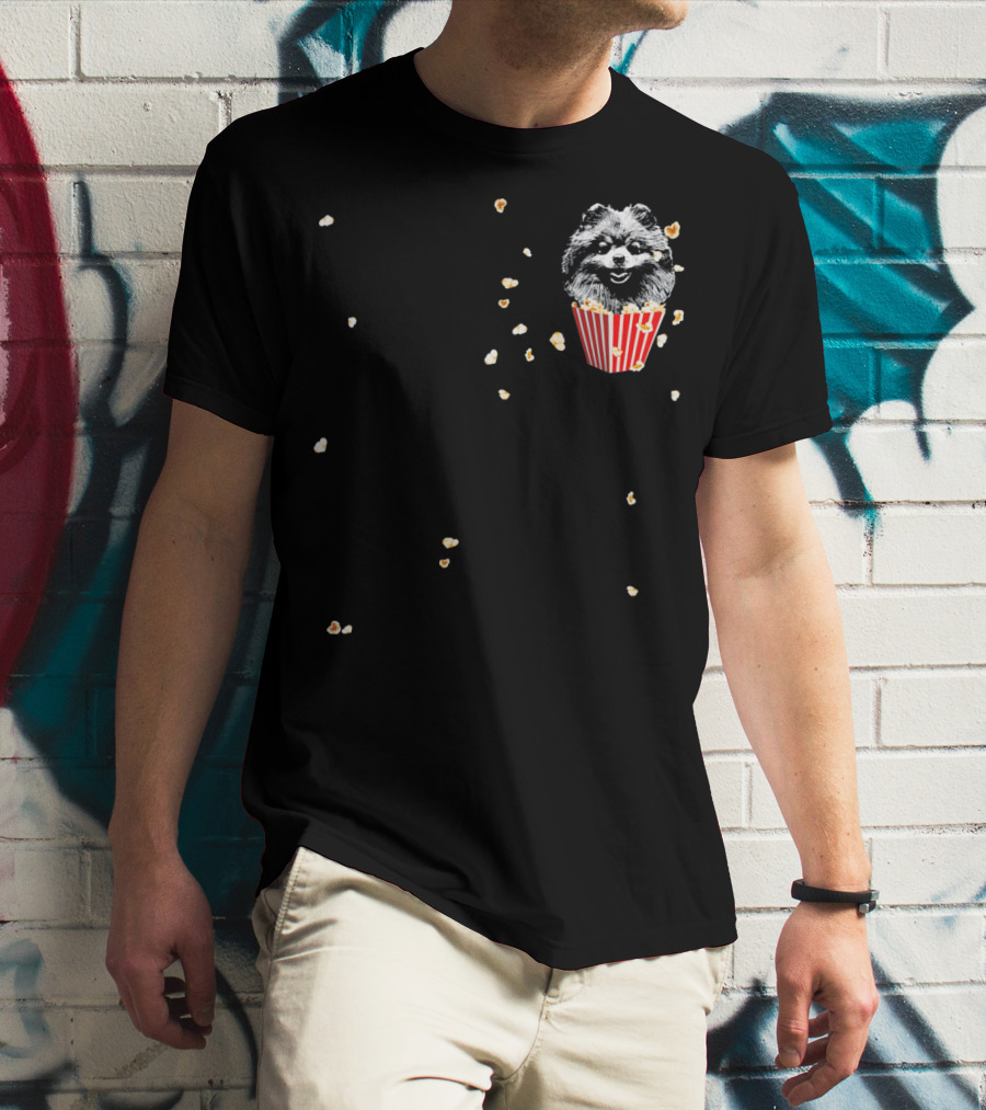 Smiling Pomeranian In Popcorn Box With Popping Kernels T-Shirt