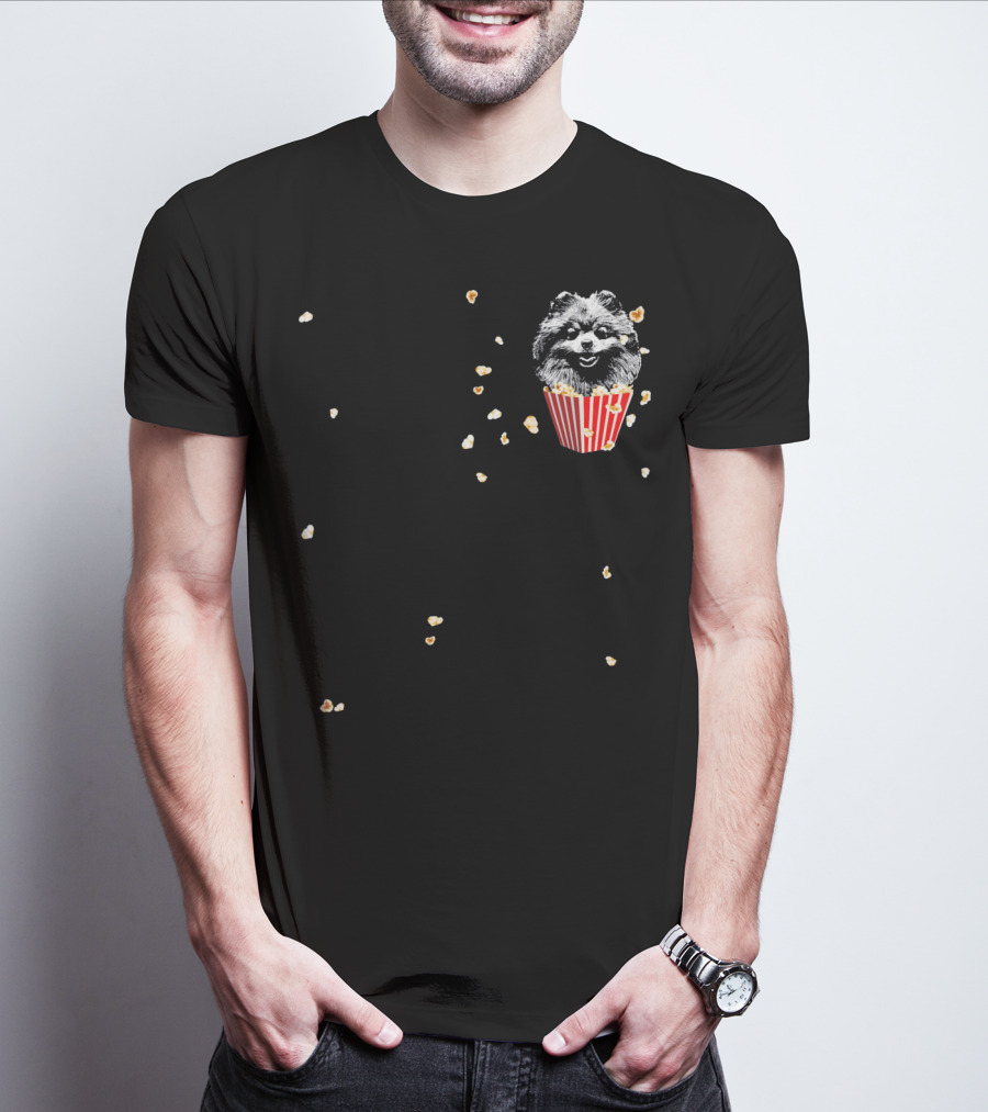 Smiling Pomeranian In Popcorn Box With Popping Kernels T-Shirt