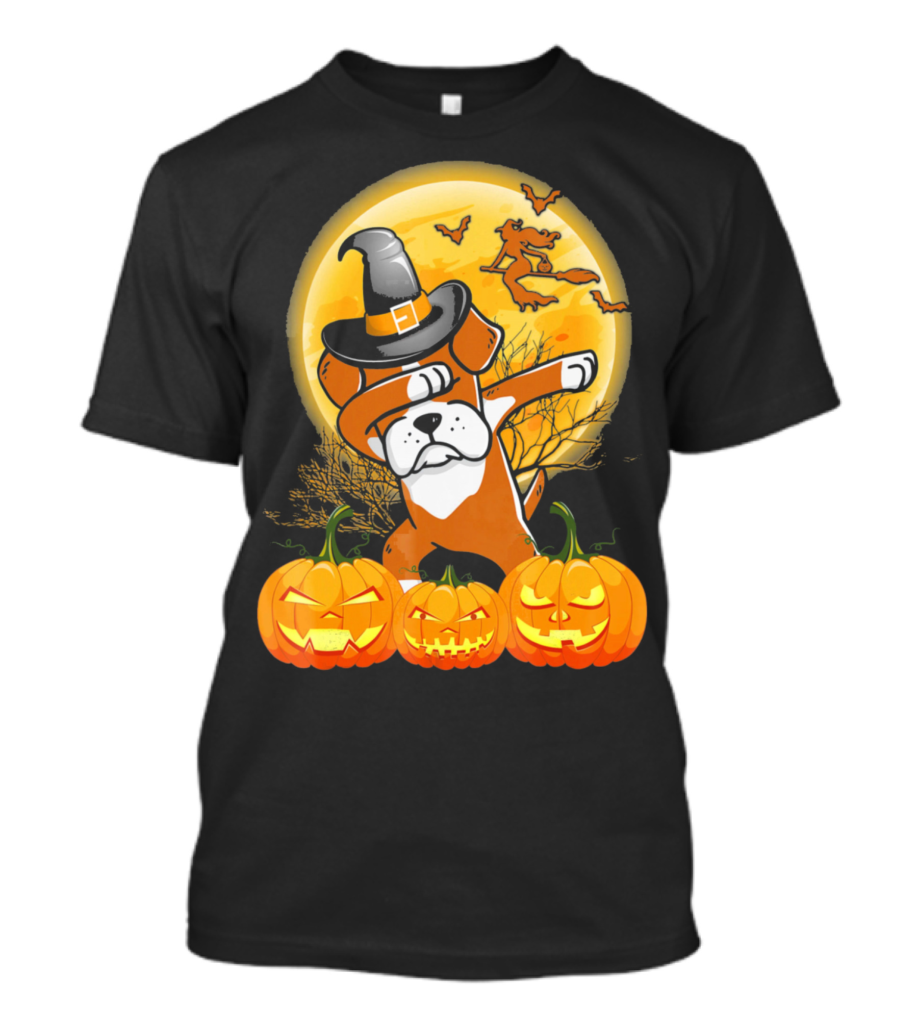 Halloween Dabbing Boxer Dog Witch Hat Pumpkins Bats Moon T-Shirt