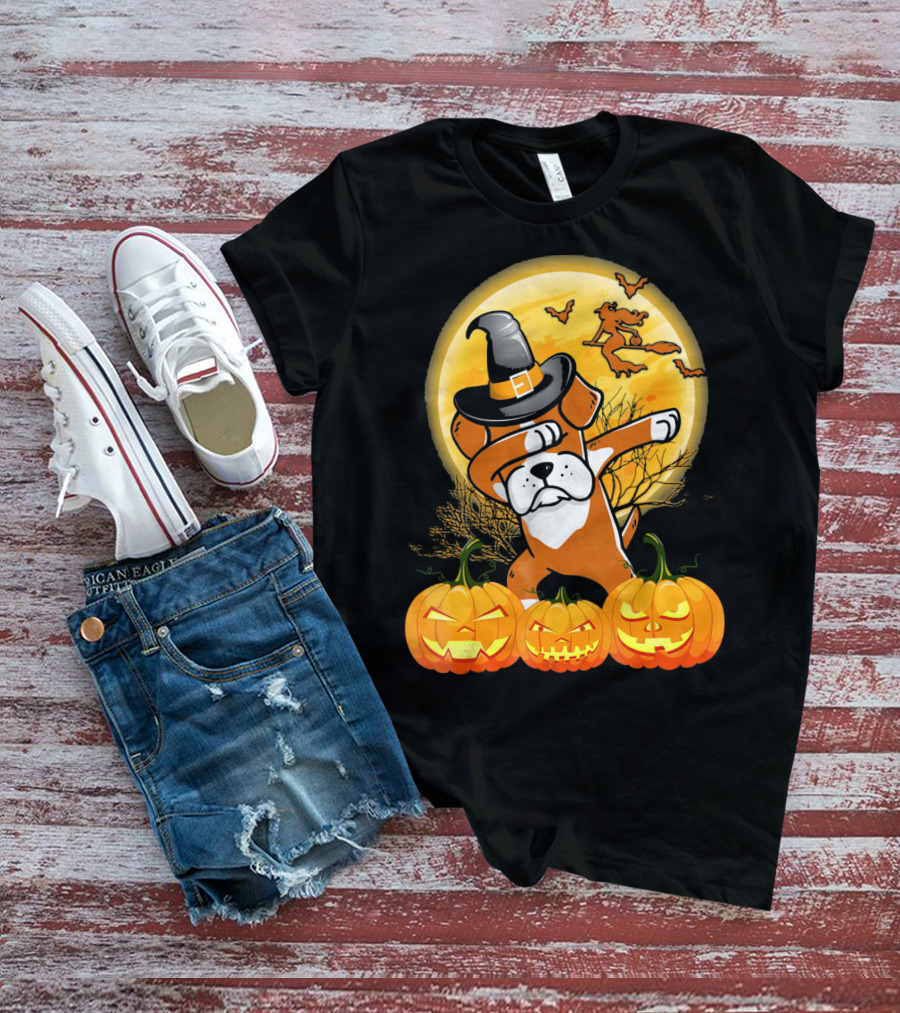 Halloween Dabbing Boxer Dog Witch Hat Pumpkins Bats Moon T-Shirt