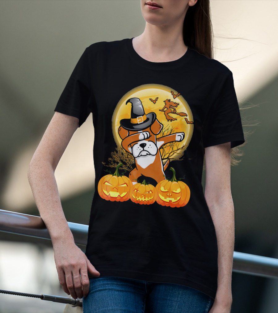 Halloween Dabbing Boxer Dog Witch Hat Pumpkins Bats Moon T-Shirt