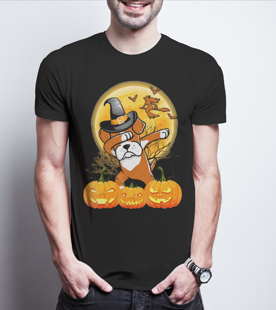 Halloween Dabbing Boxer Dog Witch Hat Pumpkins Bats Moon T-Shirt