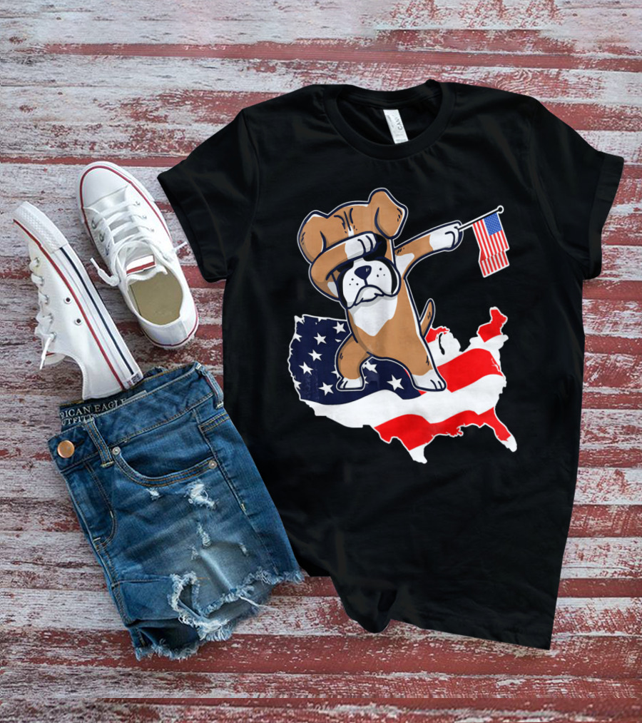 Dabbing Boxer Dog With American Flag Map Background T-Shirt