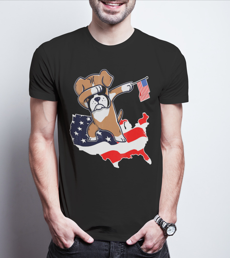 Dabbing Boxer Dog With American Flag Map Background T-Shirt