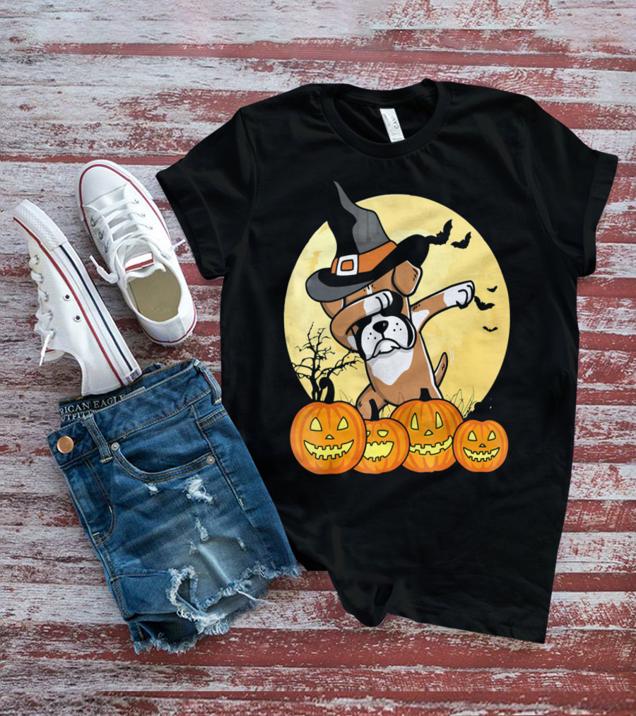 Dabbing Boxer Dog Witch Hat Pumpkin Halloween Dab Dance T-Shirt