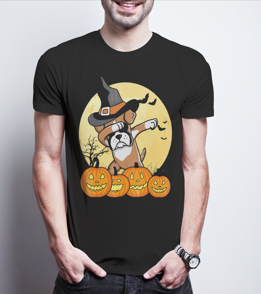 Dabbing Boxer Dog Witch Hat Pumpkin Halloween Dab Dance T-Shirt