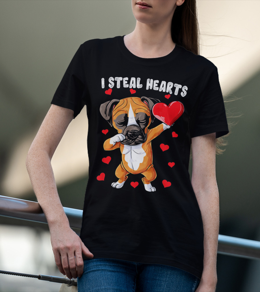 Dabbing Boxer Dog Holding Red Heart I Steal Hearts T-Shirt