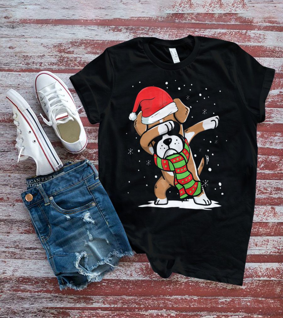 Festive Dabbing Boxer Dog In Santa Hat And Scarf For Christmas Dog Lovers T-Shirt
