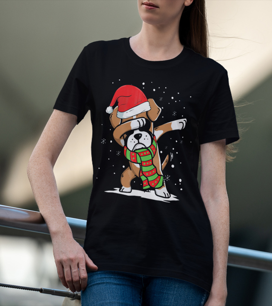 Festive Dabbing Boxer Dog In Santa Hat And Scarf For Christmas Dog Lovers T-Shirt