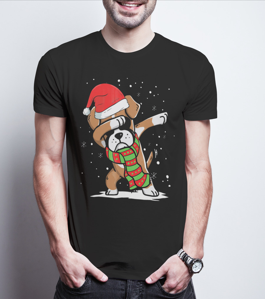 Festive Dabbing Boxer Dog In Santa Hat And Scarf For Christmas Dog Lovers T-Shirt