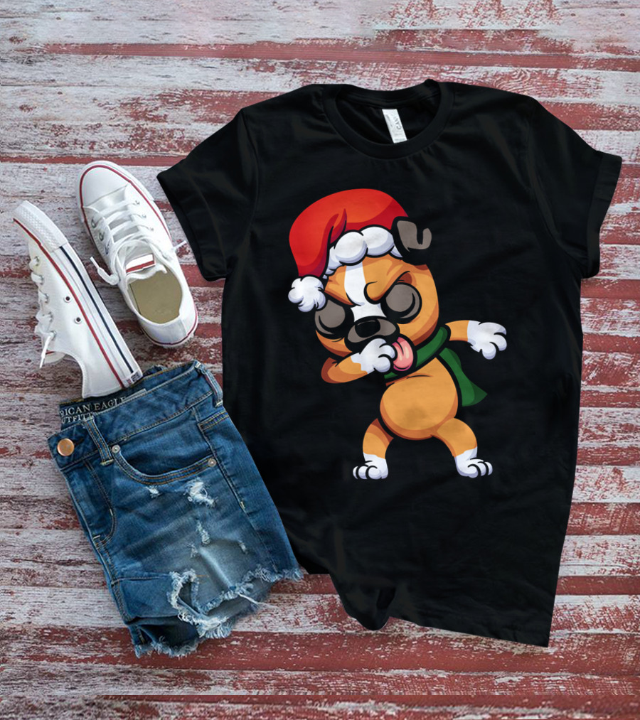 Dabbing Boxer Santa Dog Cartoon With Christmas Hat And Scarf T-Shirt