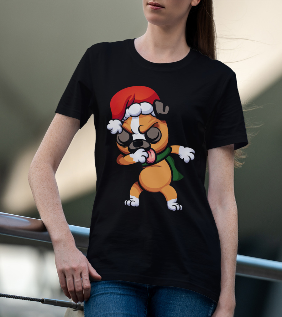 Dabbing Boxer Santa Dog Cartoon With Christmas Hat And Scarf T-Shirt