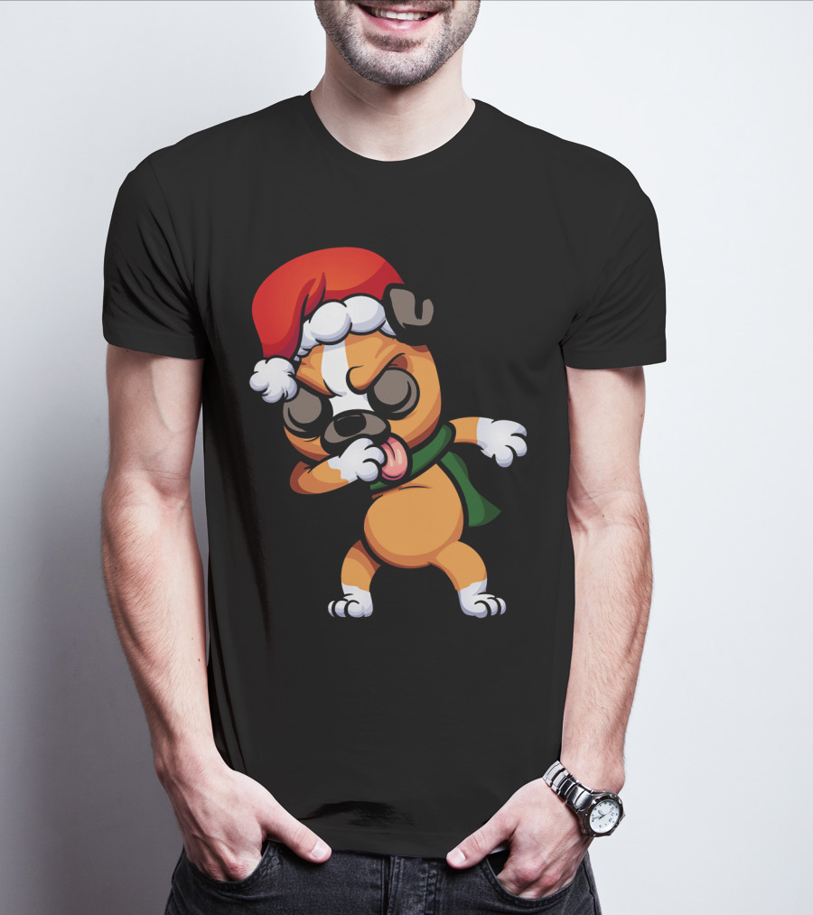 Dabbing Boxer Santa Dog Cartoon With Christmas Hat And Scarf T-Shirt