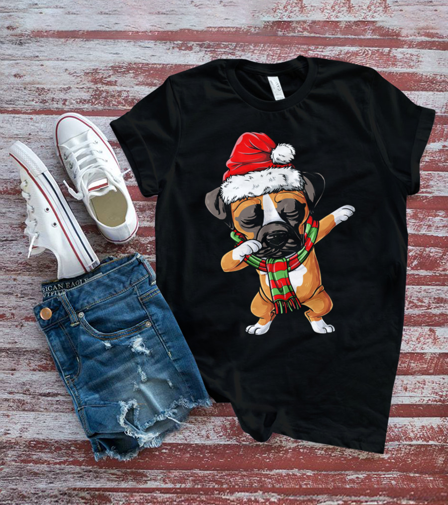 Boxer Dog Dabbing Santa Hat Christmas Scarf T-Shirt