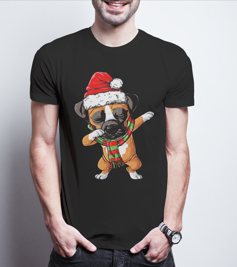 Boxer Dog Dabbing Santa Hat Christmas Scarf T-Shirt