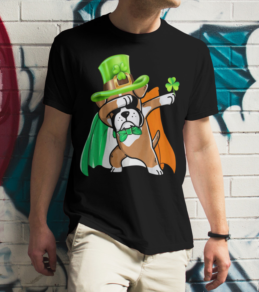 Lucky Boxer Dabbing With Irish Flag And Shamrock Hat T-Shirt