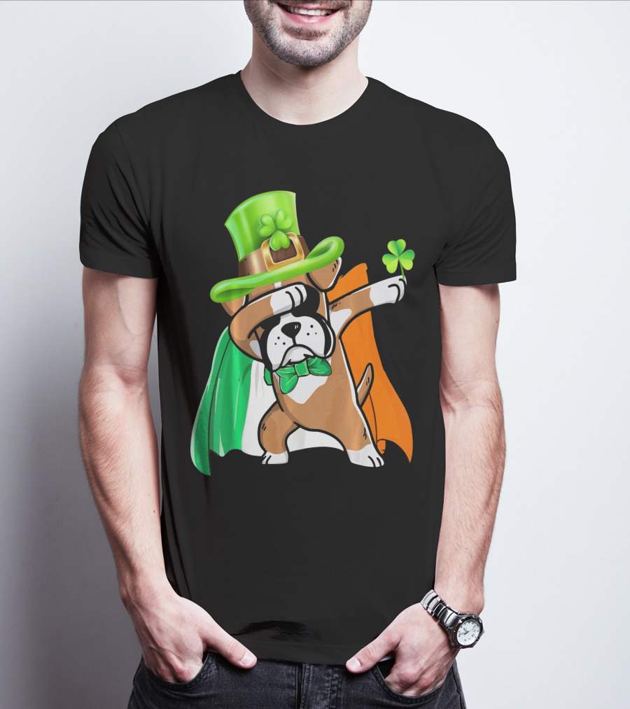 Lucky Boxer Dabbing With Irish Flag And Shamrock Hat T-Shirt
