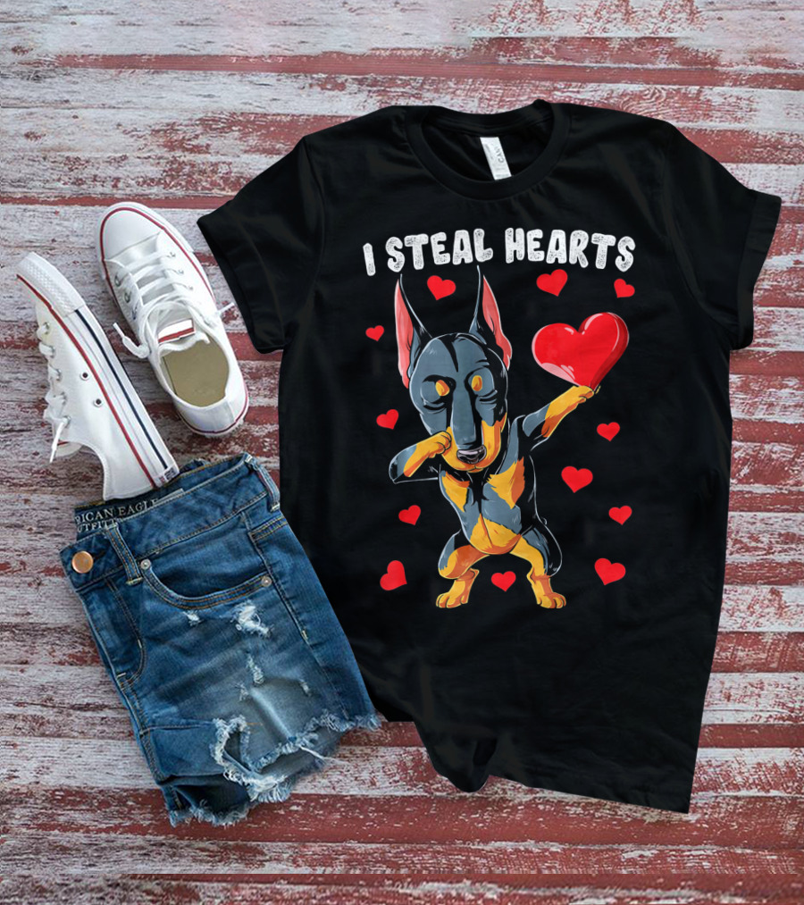 Dabbing Doberman I Steal Hearts Cute Heart-Loving Dogs T-Shirt